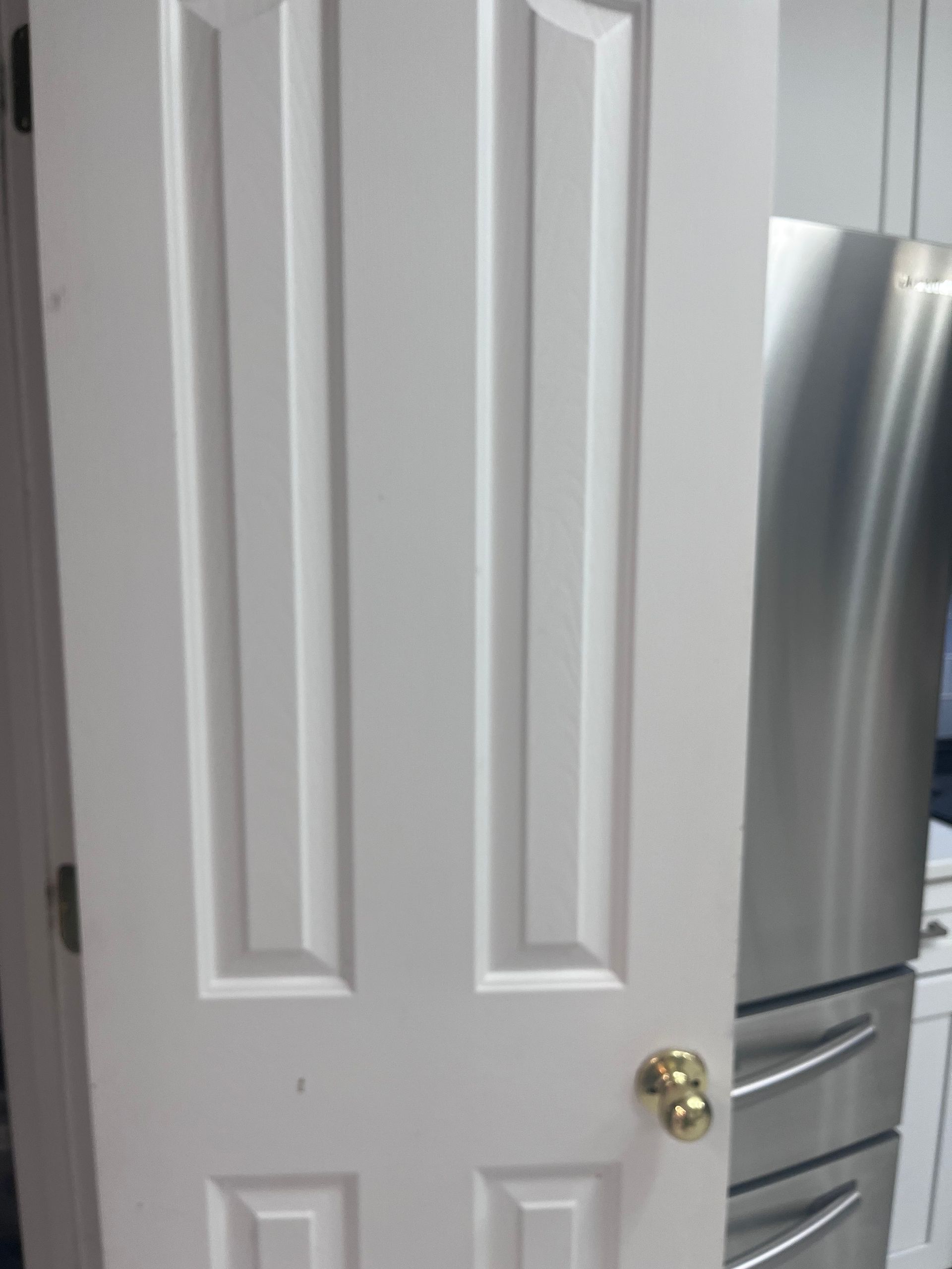 White, panelled door with a gold doorknob, partially open. A stainless steel refrigerator is visible behind the door.