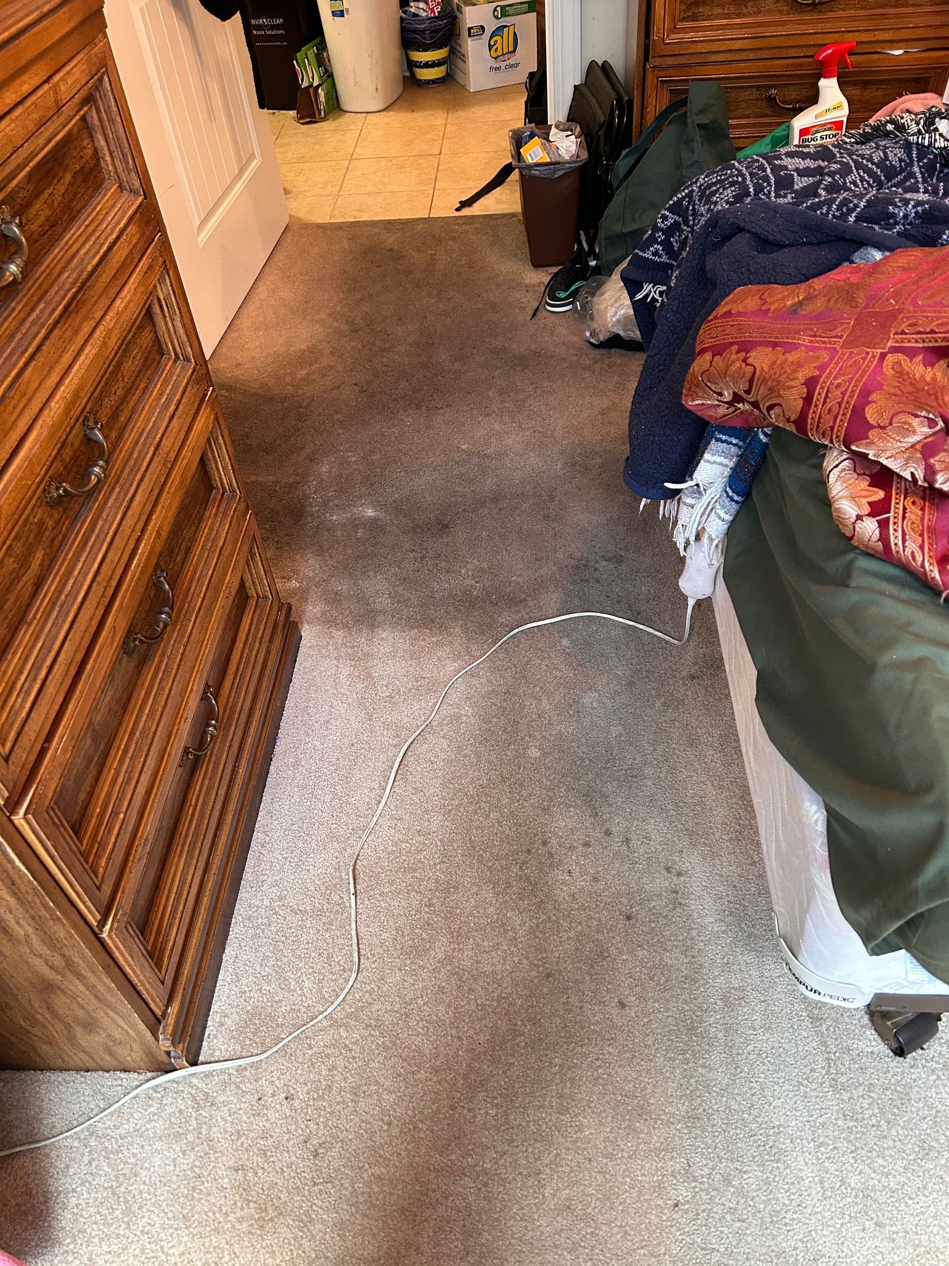 Bedroom with a wooden dresser on the left and a bed on the right. The carpet is worn with some stains.