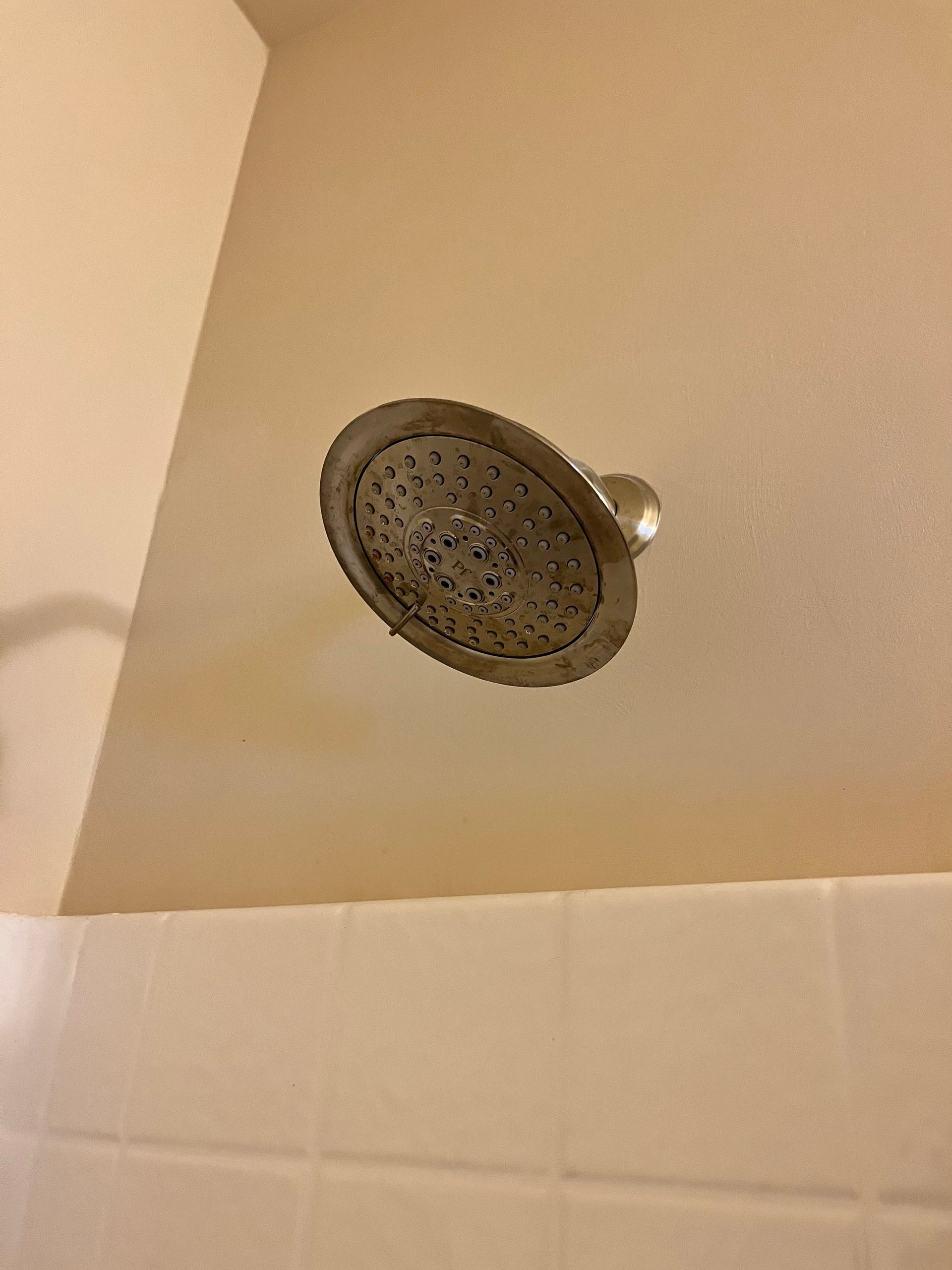 Showerhead in a bathroom, positioned above the wall, with a light beige color. The showerhead is a metallic gray color.