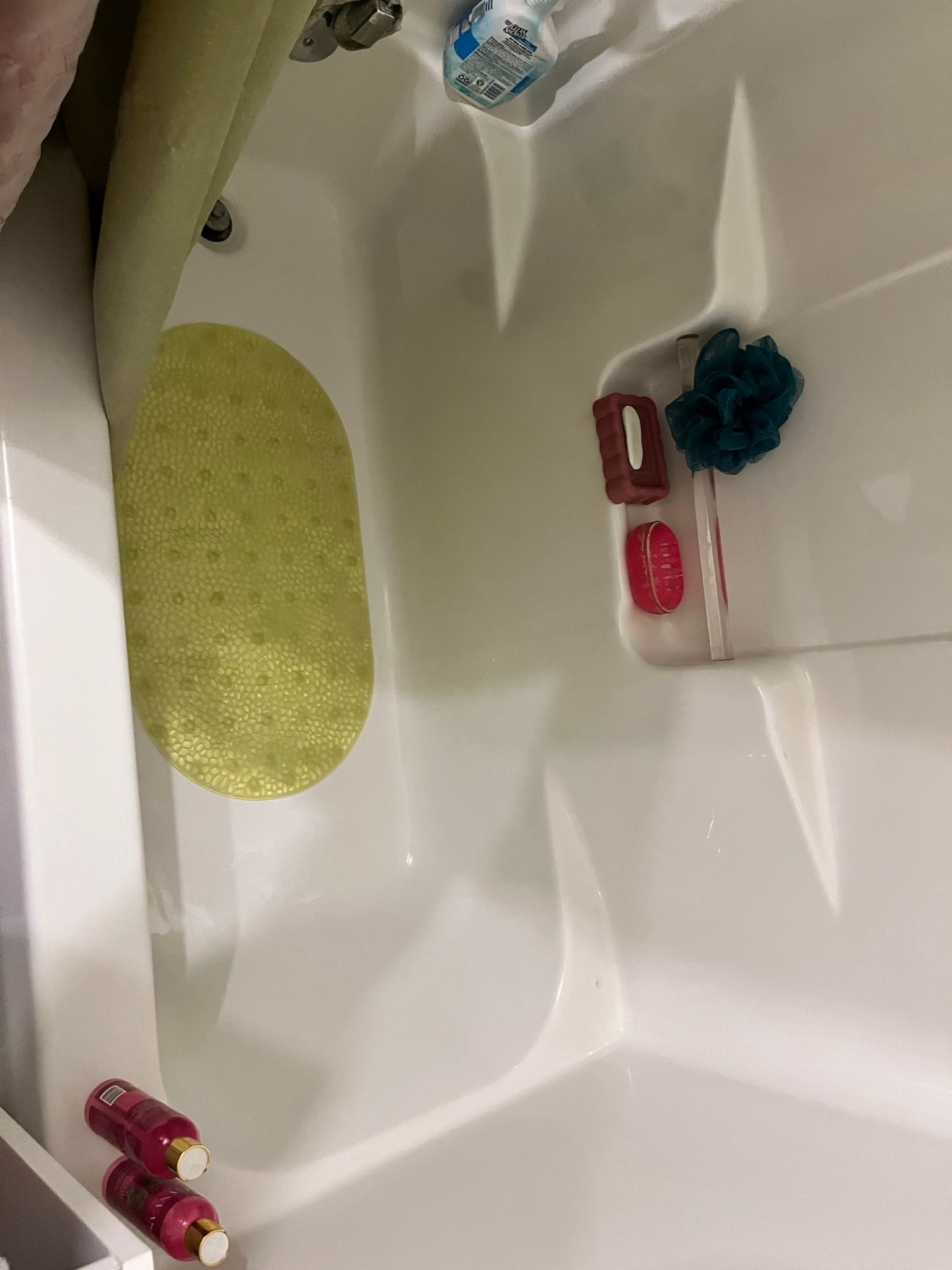 White bathtub with bath products: a loofah, soap bottles, and a sponge.