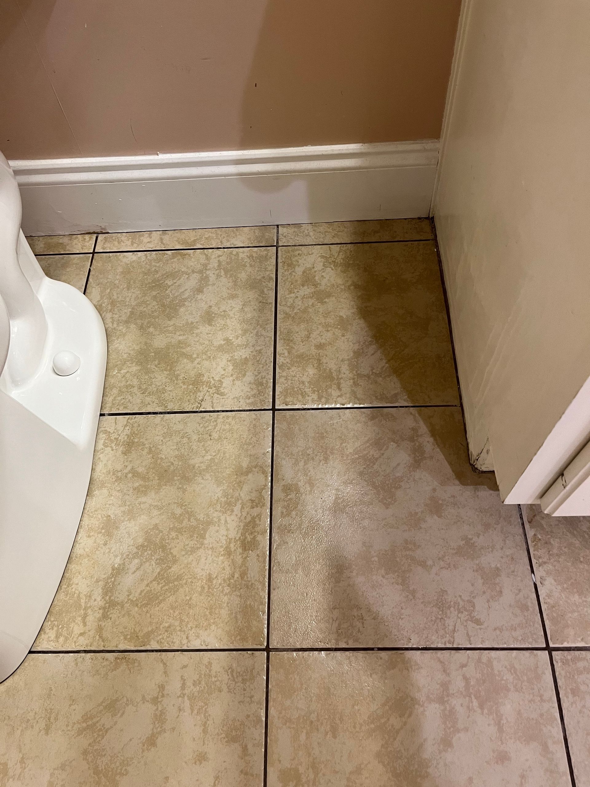 Bathroom floor with tan tiles, dark grout lines, and a white toilet base in the corner.