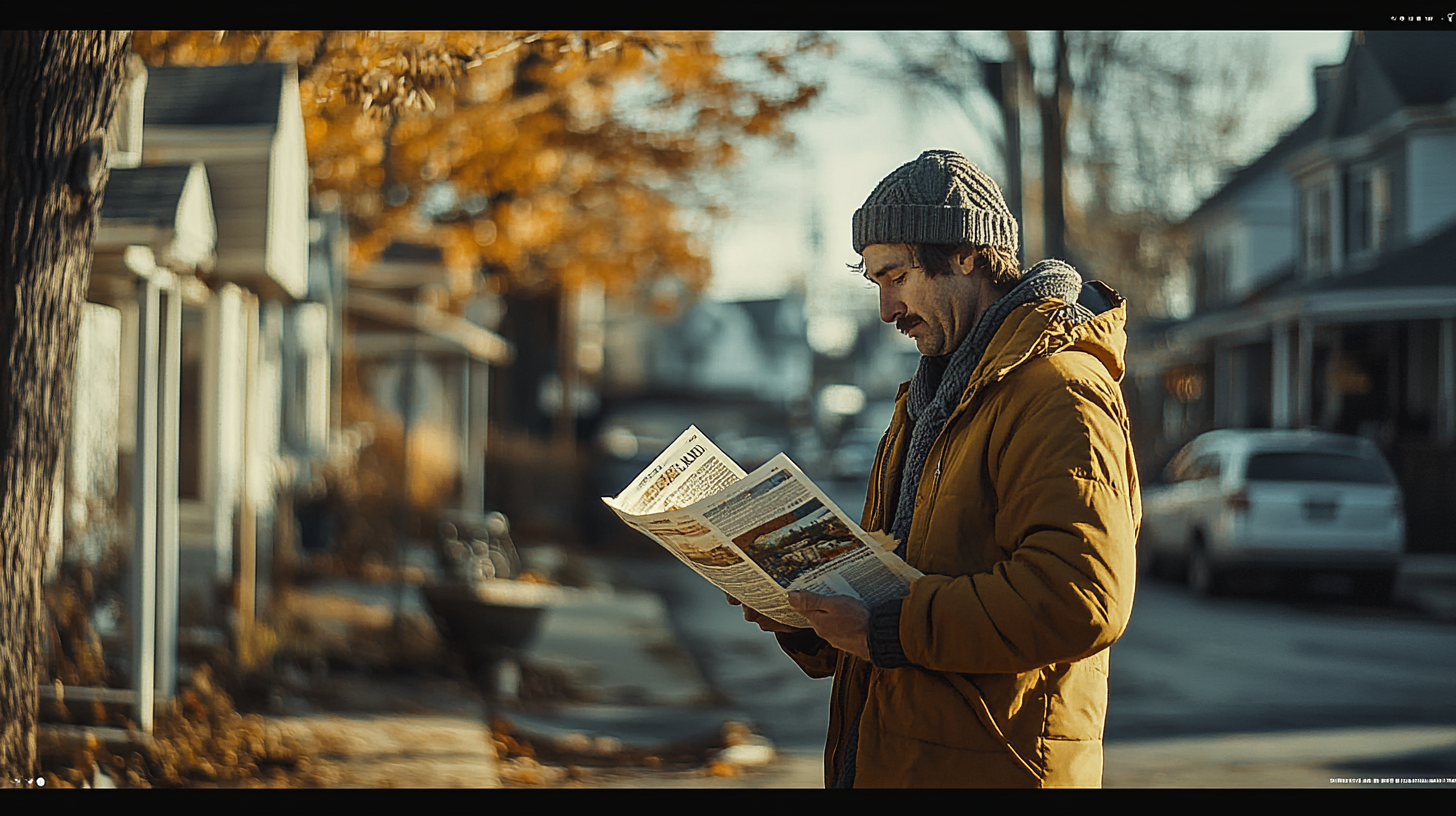 A man is standing on a sidewalk reading a newspaper.