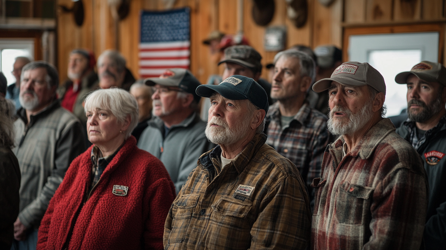 A group of people are standing in a room in front of an american flag.