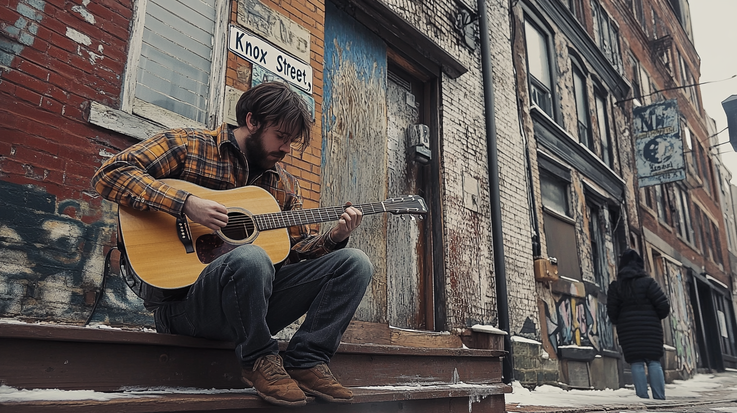 A man is sitting on the steps of a building playing a guitar.