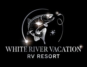 white river vacation rv resort logo metallic black background