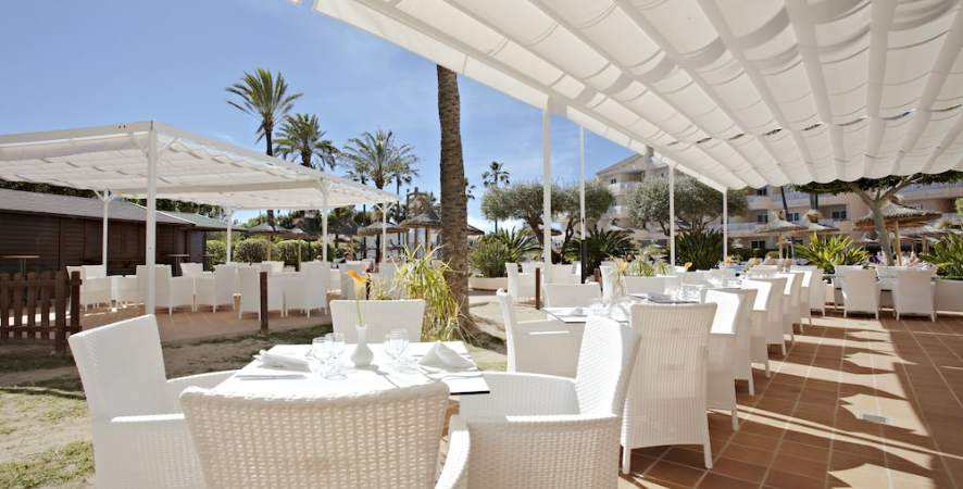 Outdoor restaurant with white tables and chairs under a retractable canopy. Palm trees in the background.