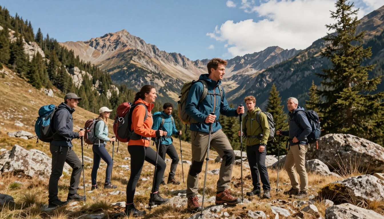 Professional fitness coach leading a group adventure trip in the mountains.