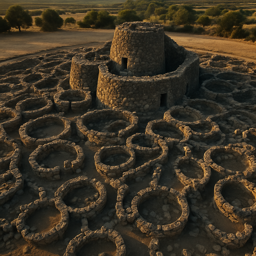A maze of stone circles with a tower in the middle