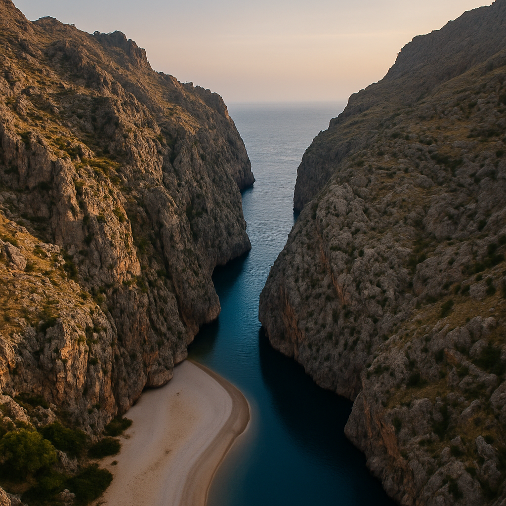 An aerial view of a river between two mountains