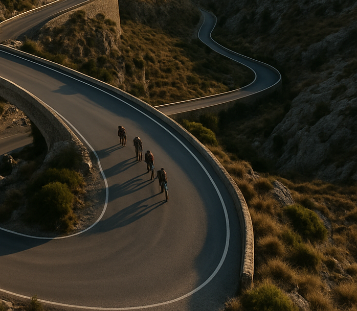 A group of people are riding bikes down a curvy road