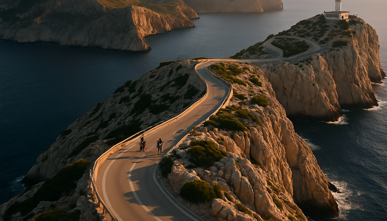 A group of people are riding bikes down a road on a cliff overlooking the ocean.