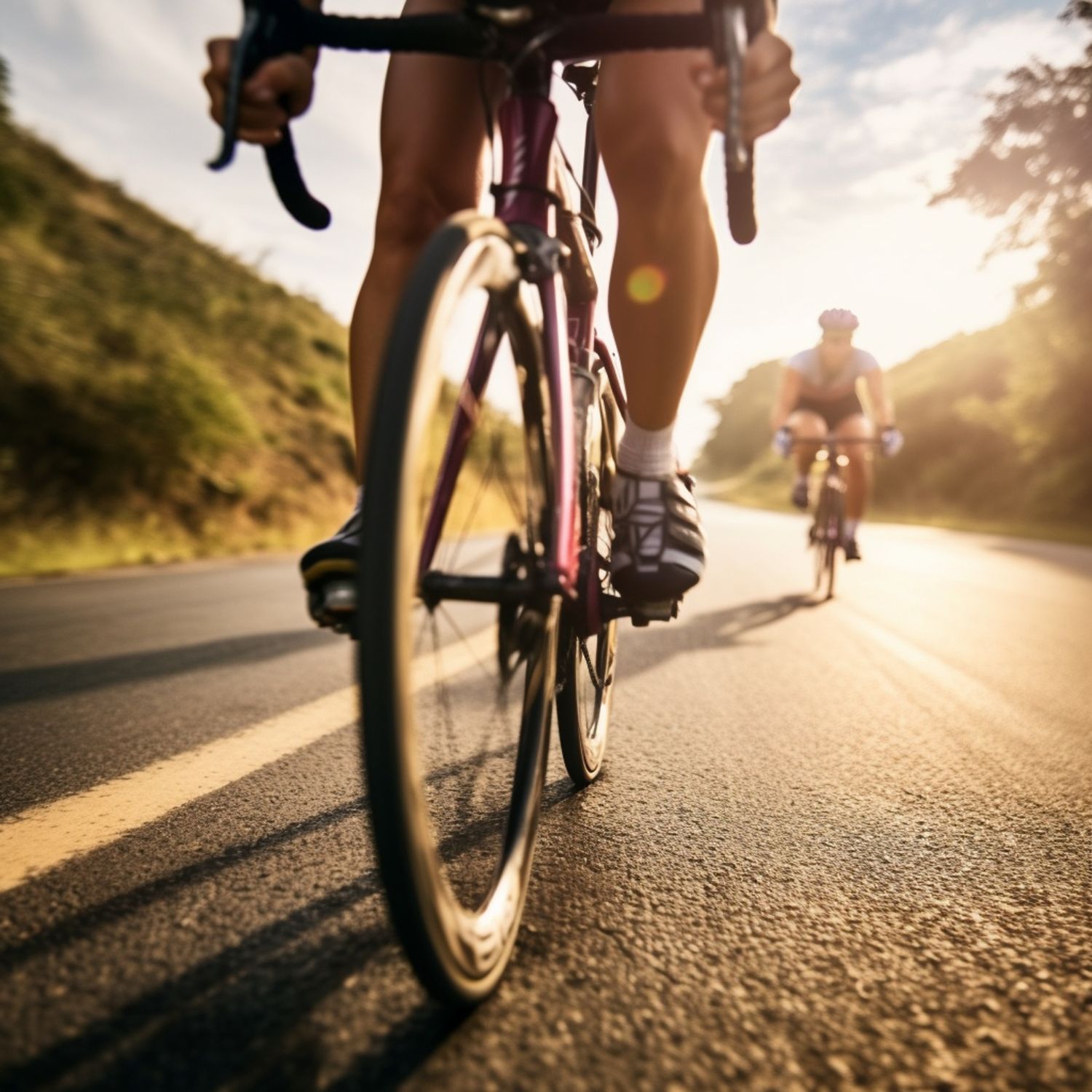 A person riding a bike on a road with another person riding a bike in the background