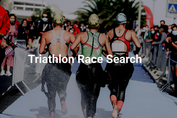 Triathletes running. Women in wet suits, splashes of water, text: Triathlon Race Search.