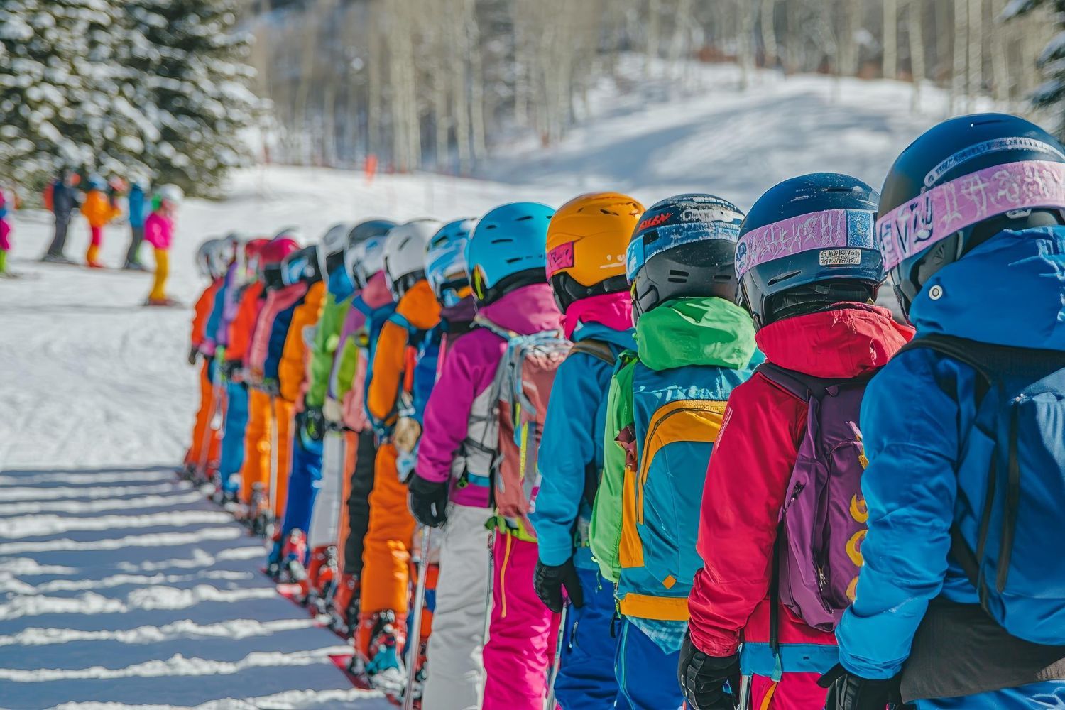 A group of children are standing in a line in the snow.