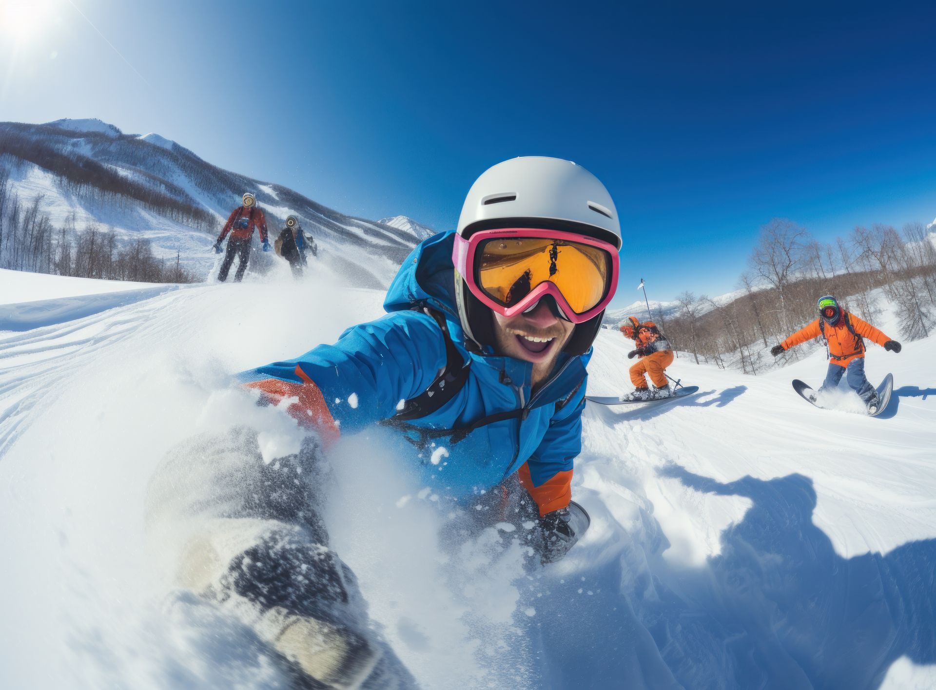 A group of people are snowboarding down a snow covered slope.