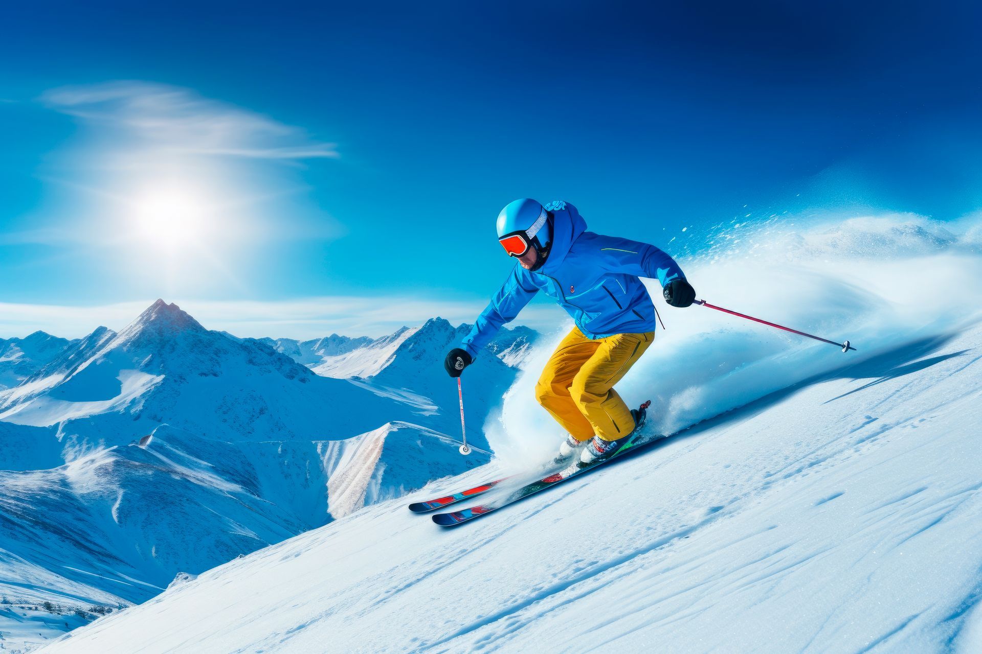 A man is skiing down a snow covered mountain.