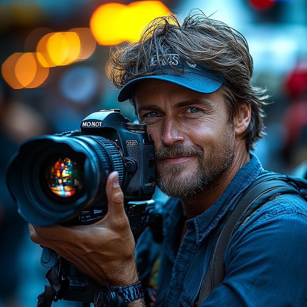 A man wearing a blue hat is holding a camera