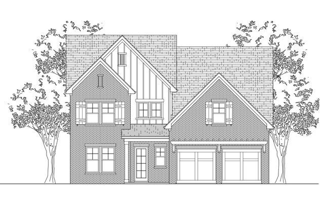 Black and white line drawing of a two-story house with a two-car garage, front porch, and trees. Black and white line drawing of a two-story house with a two-car garage, front porch, and trees.