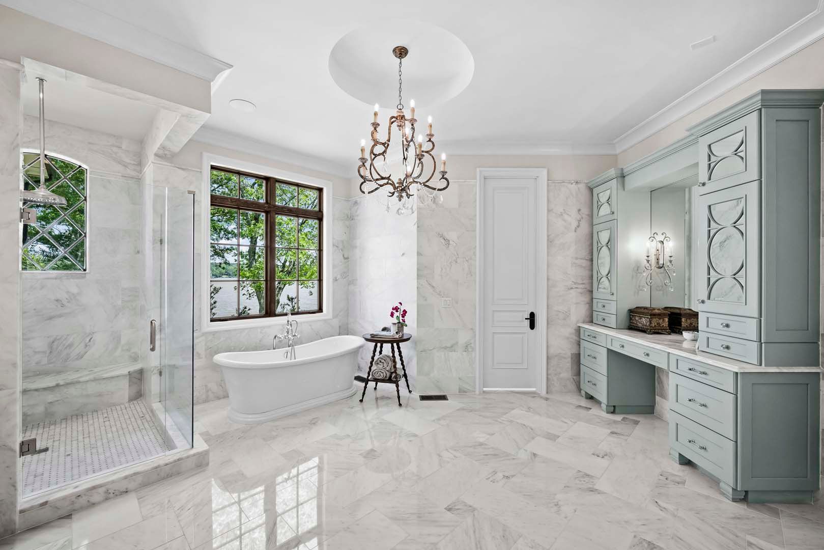 Luxurious Bathroom With Elegant Marble Flooring — Charlotte, NC — Harland Building Group