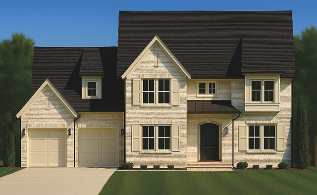 Two-story house with light brick exterior, dark roof, two-car garage, and green lawn. Two-story house with light brick exterior, dark roof, two-car garage, and green lawn.