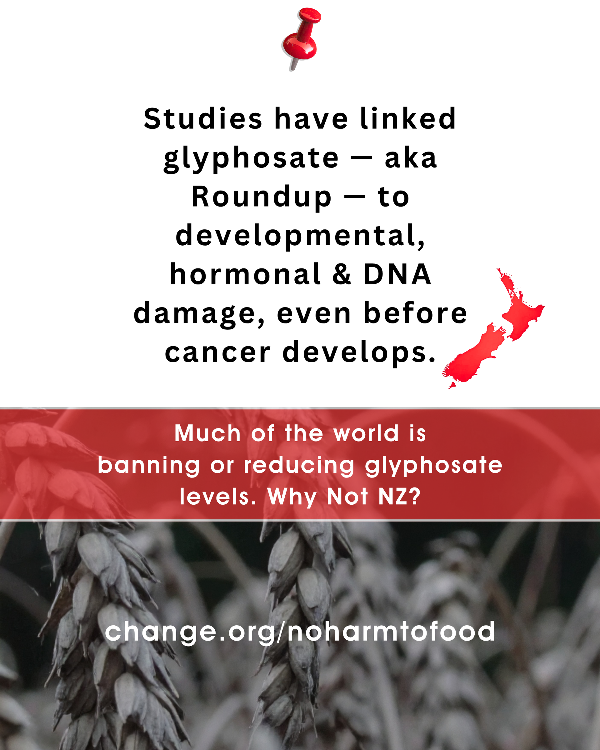 Poster: Glyphosate (Roundup) linked to damage. Asks why NZ hasn't banned it like other countries.