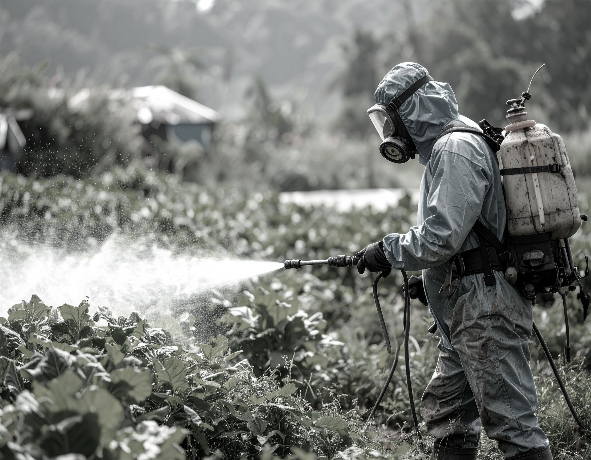 Person in hazmat suit spraying pesticide in a field.