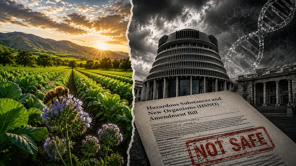 Split scene: lush GE free NZ and dark protest imagery with “NOT SAFE” HSNO Bill