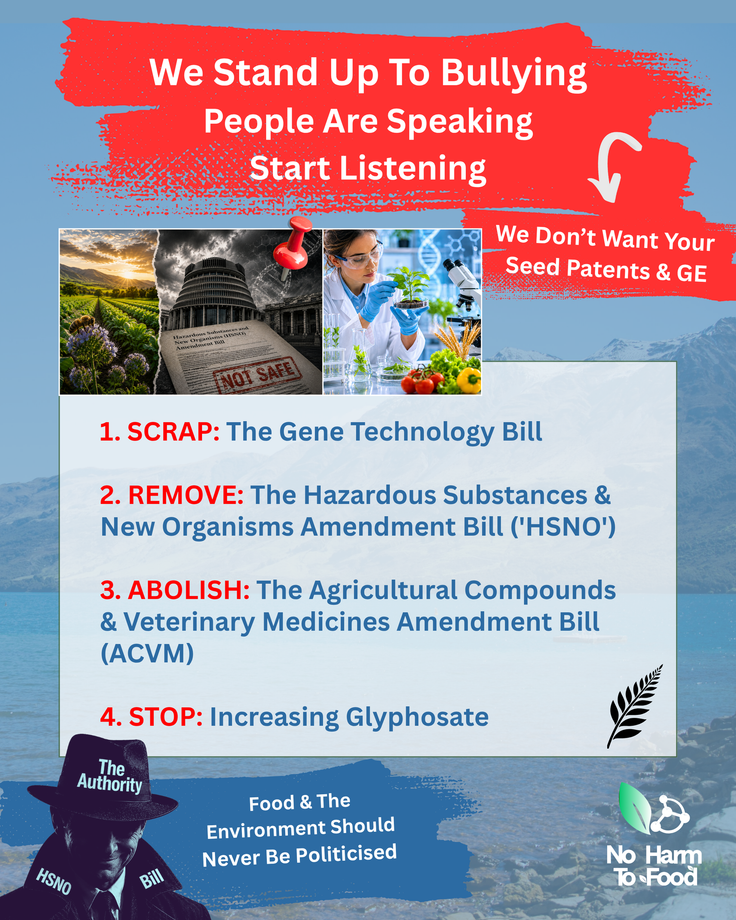 Protest poster against GE crops with field photo, warning text, and “Why Not NZ?” banner