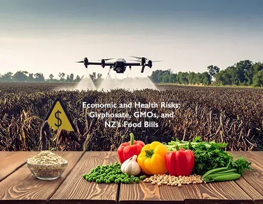 Drone spraying a field, with vegetables and grains in foreground. Text: Economic and Health Risks: Glyphosate, GMOs, and NZ's Food Bills.