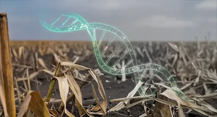 Field of dead crops with a glowing DNA helix overlay, implying genetic modification and harm in NZ