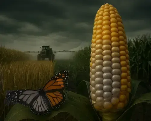 DeadMonarch butterfly on corn, tractor spraying field. Harmed by Gene tech crops