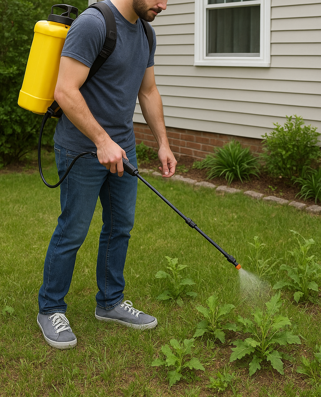 Man spraying weeds in a yard with a yellow backpack sprayer. Glyphosate causes health risks.