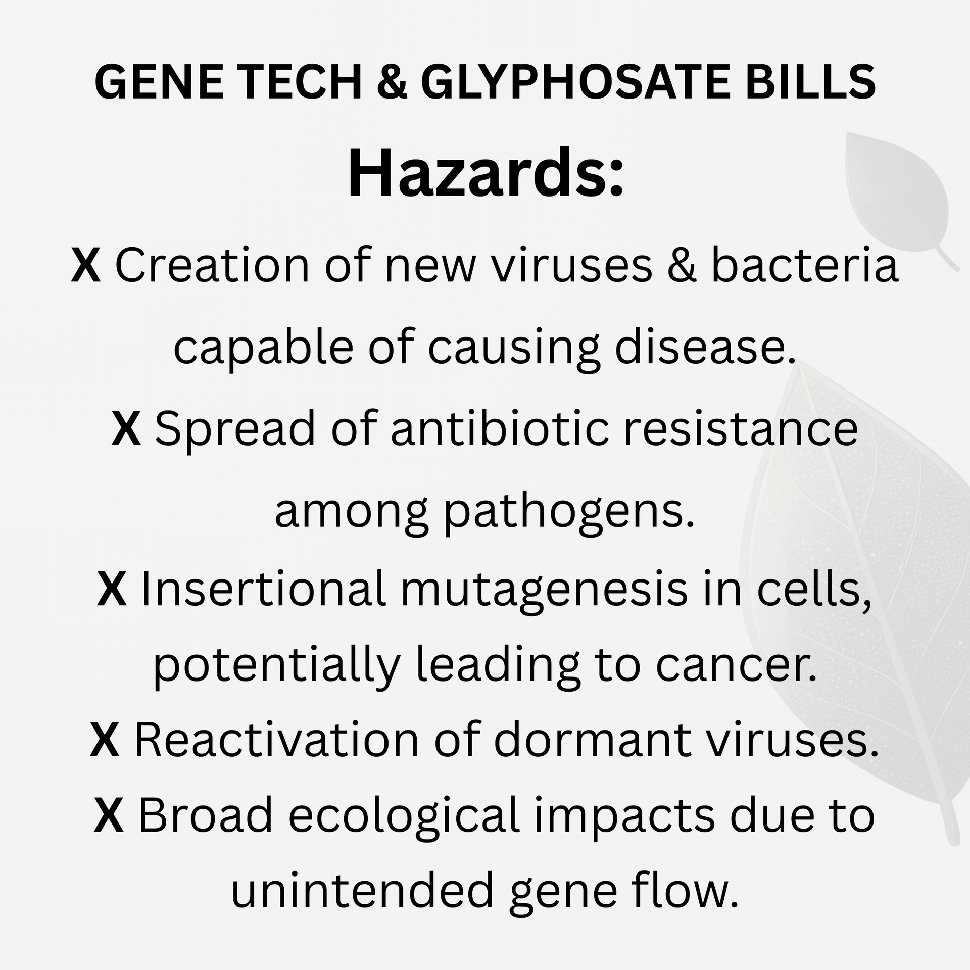 Read More Text listing hazards of Gene Tech & Glyphosate Bills, including disease, resistance, cancer, and ecological impacts. NZ.