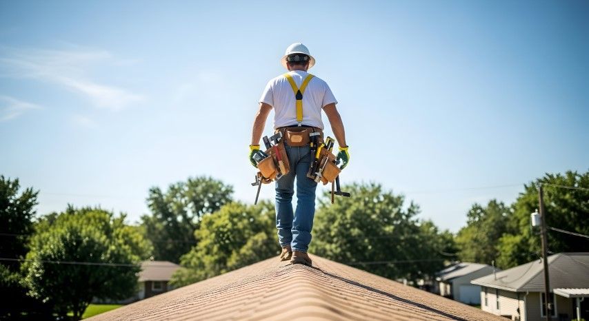 Roofer wearing safety gear walking on a roof, tools in belt, trees and houses in the background, sunny day.