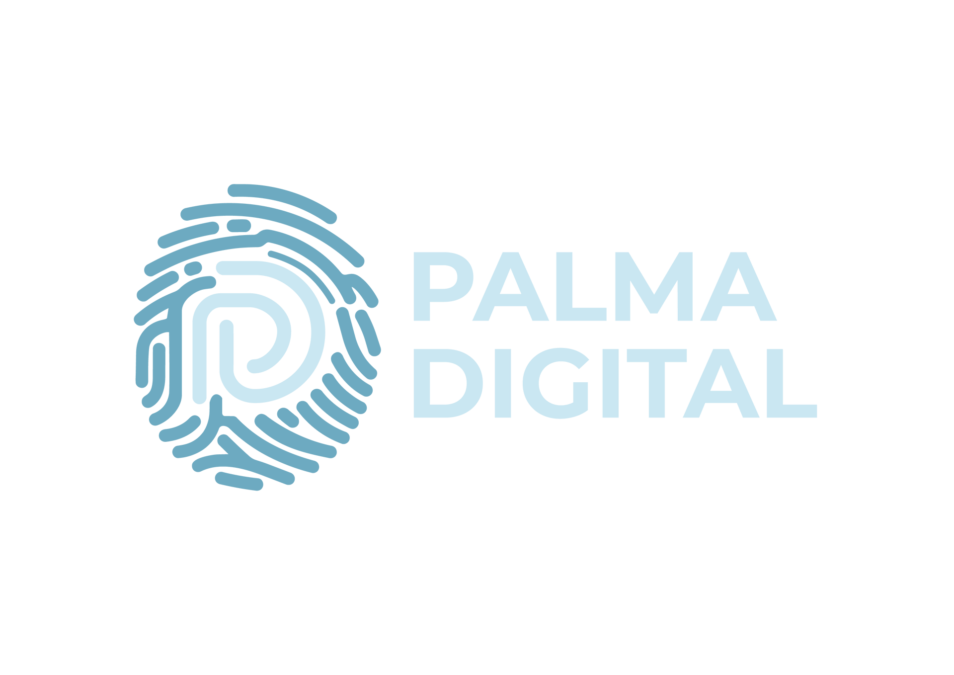 Logotipo para Palma Digital: Diseño en forma de huella dactilar de color azul con líneas blancas y texto “PALMA DIGITAL”.