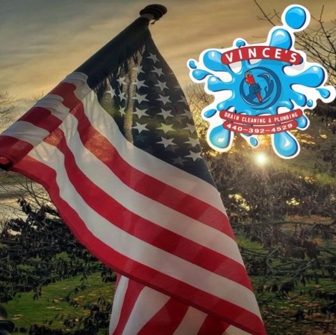 Vince's Drain Cleaning & Plumbing Logo with the AmericanFlag.