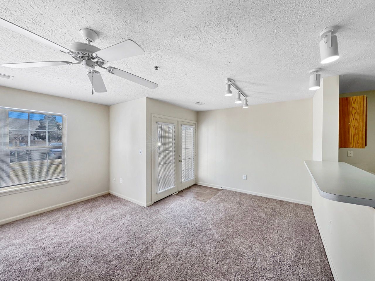 Empty room with carpet, a ceiling fan, and access to a balcony.