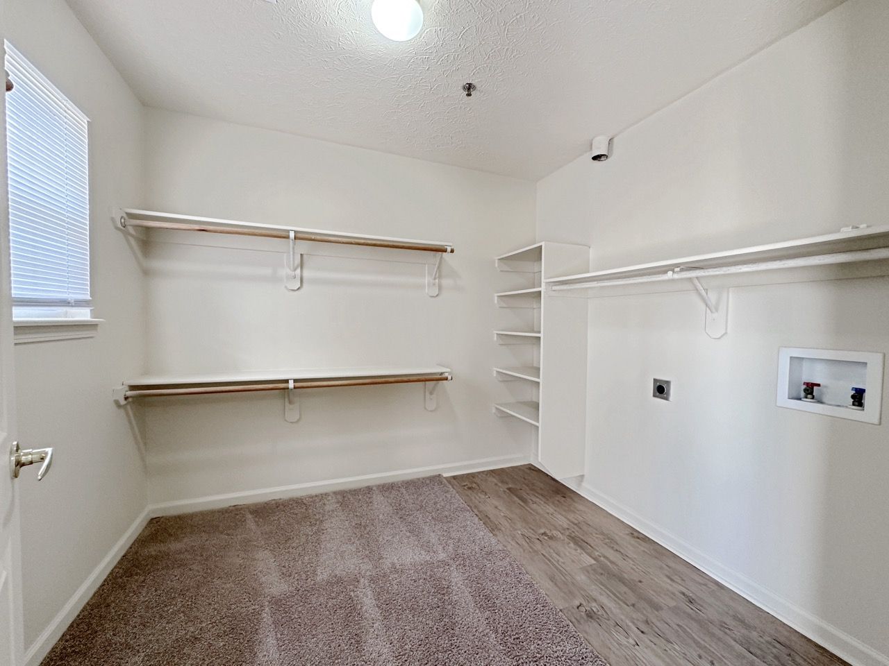 Empty walk-in closet with shelves and hanging rod. Tan carpet, white walls, and a window.