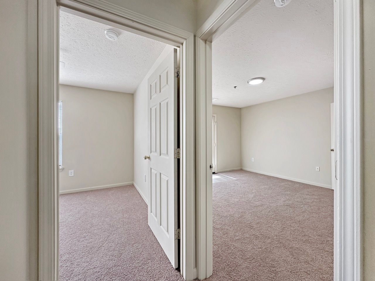 Hallway with open doorways to two empty rooms; tan walls, carpet, and white doors.