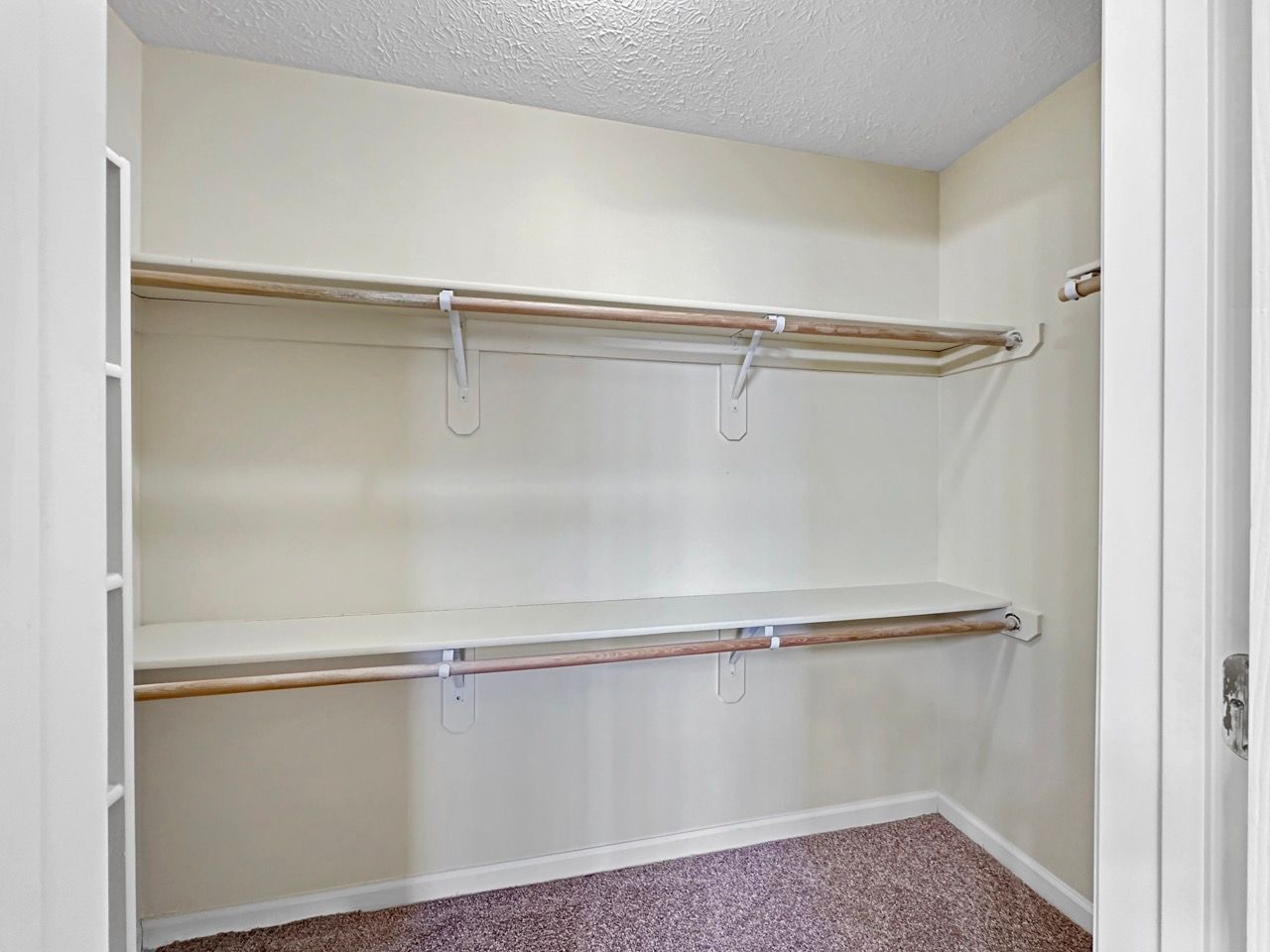 Empty walk-in closet with two shelves and a hanging rod, carpeted floor, white walls and trim.