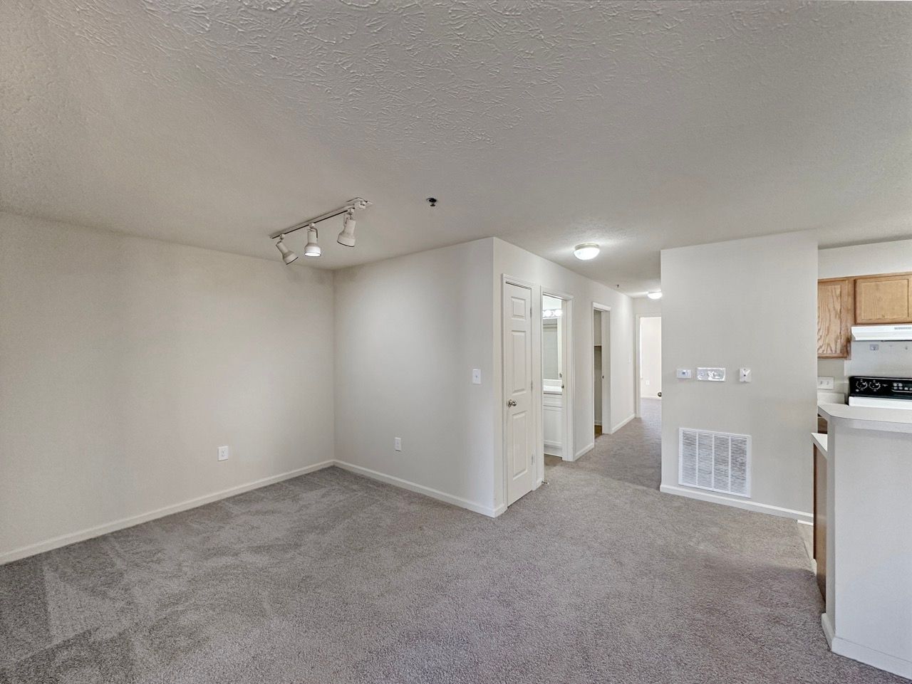 Empty apartment living room with gray carpet, white walls, and track lighting.