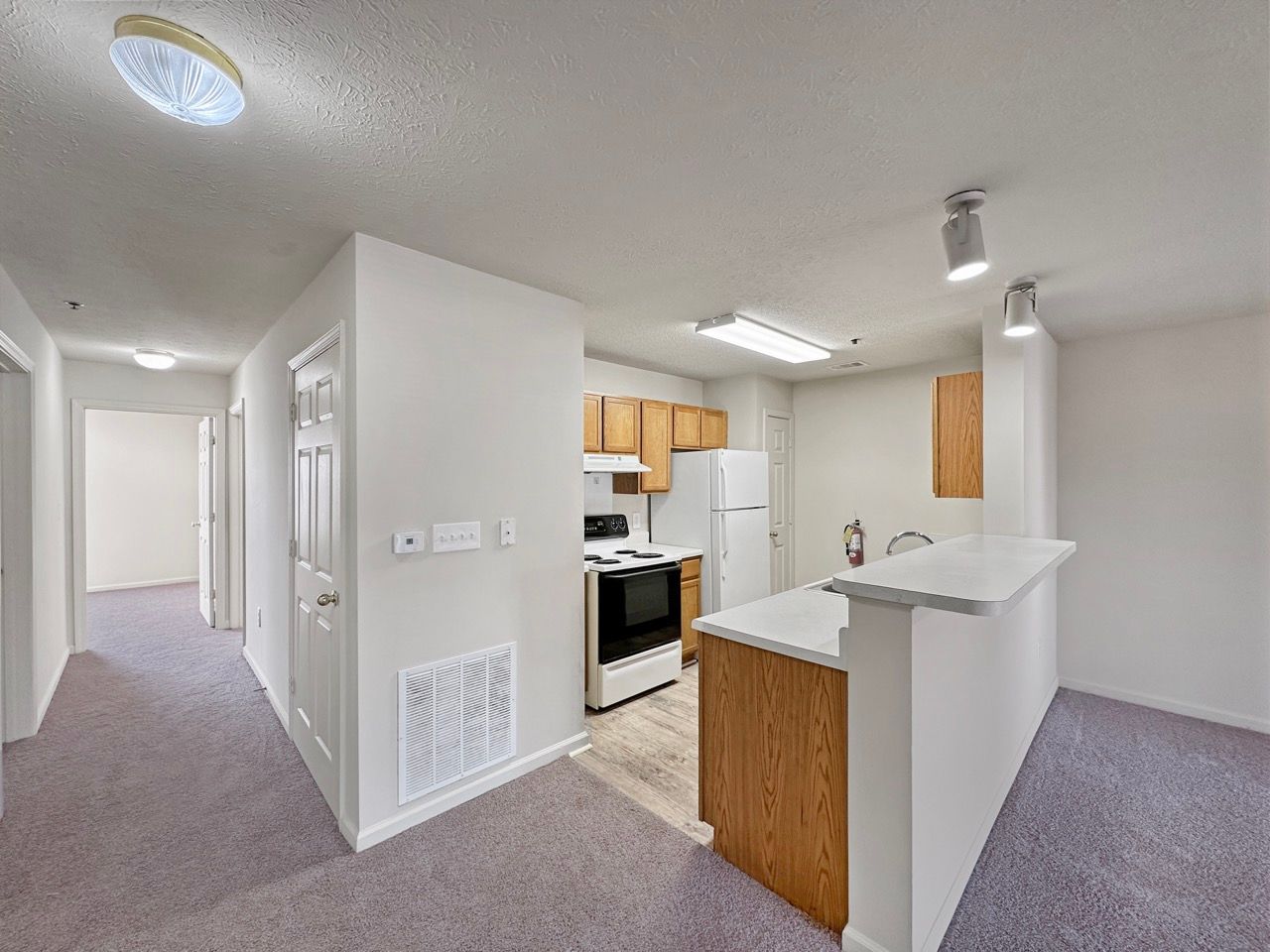 Interior view of a small apartment: hallway, kitchen with appliances, breakfast bar, and carpeted floors.