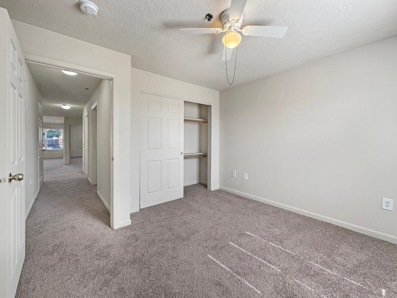 Bedroom with beige carpet, white walls, closet, and ceiling fan. Hallway visible in the background.