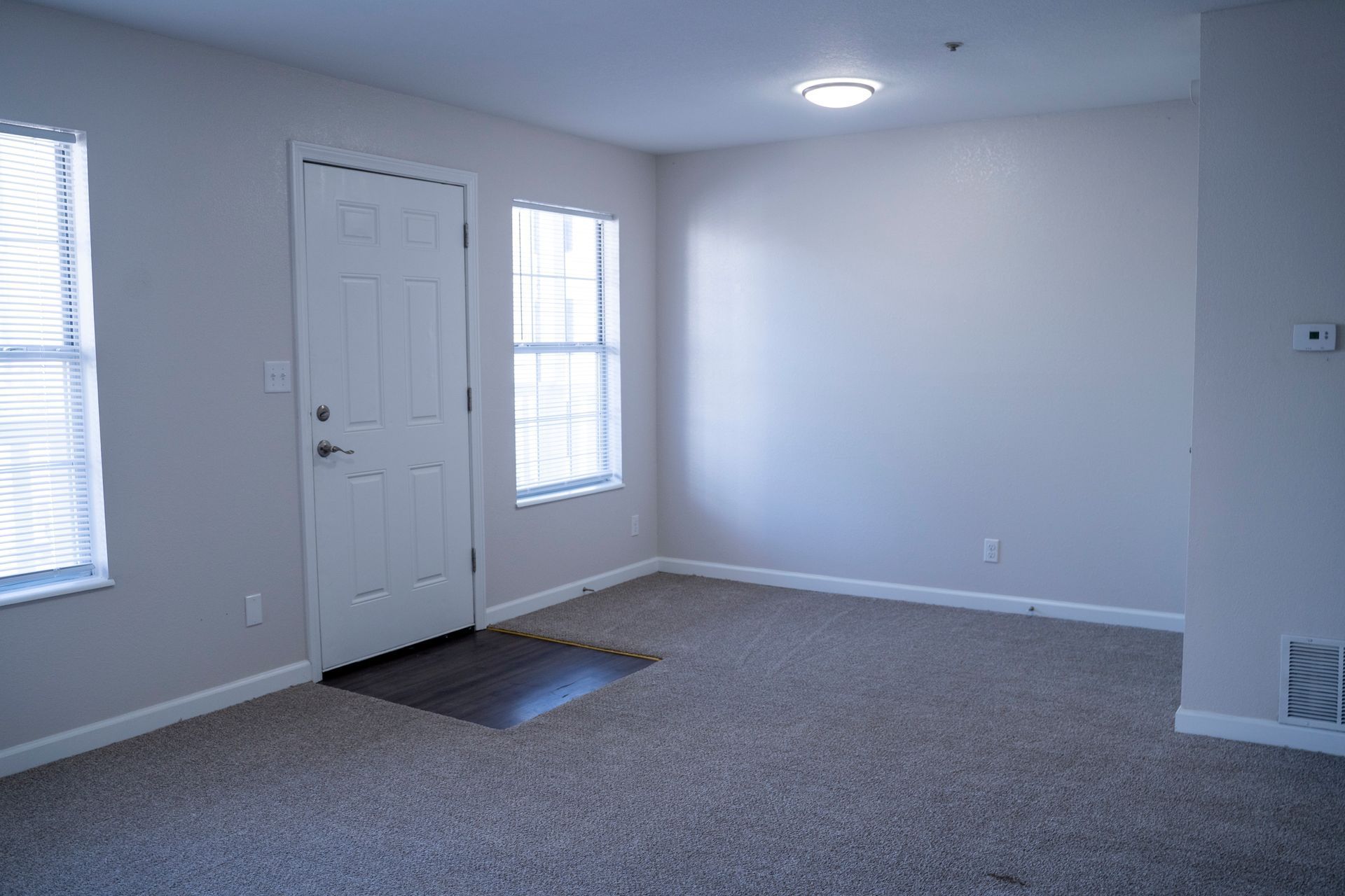 Empty living room with closed white door, two windows, gray carpet, and light gray walls.