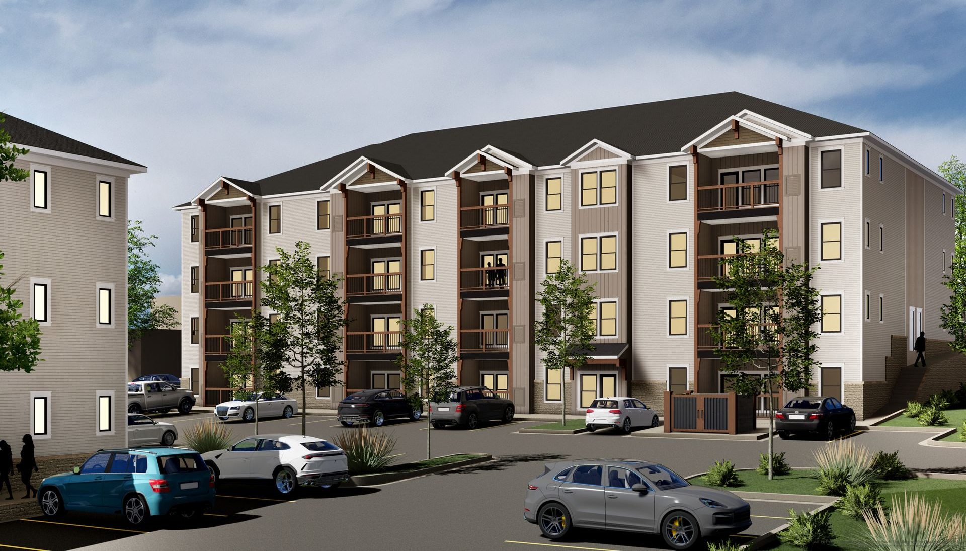 1621West Apartments: A multi-story apartment building with beige siding and balconies, set in a parking lot with several parked cars.