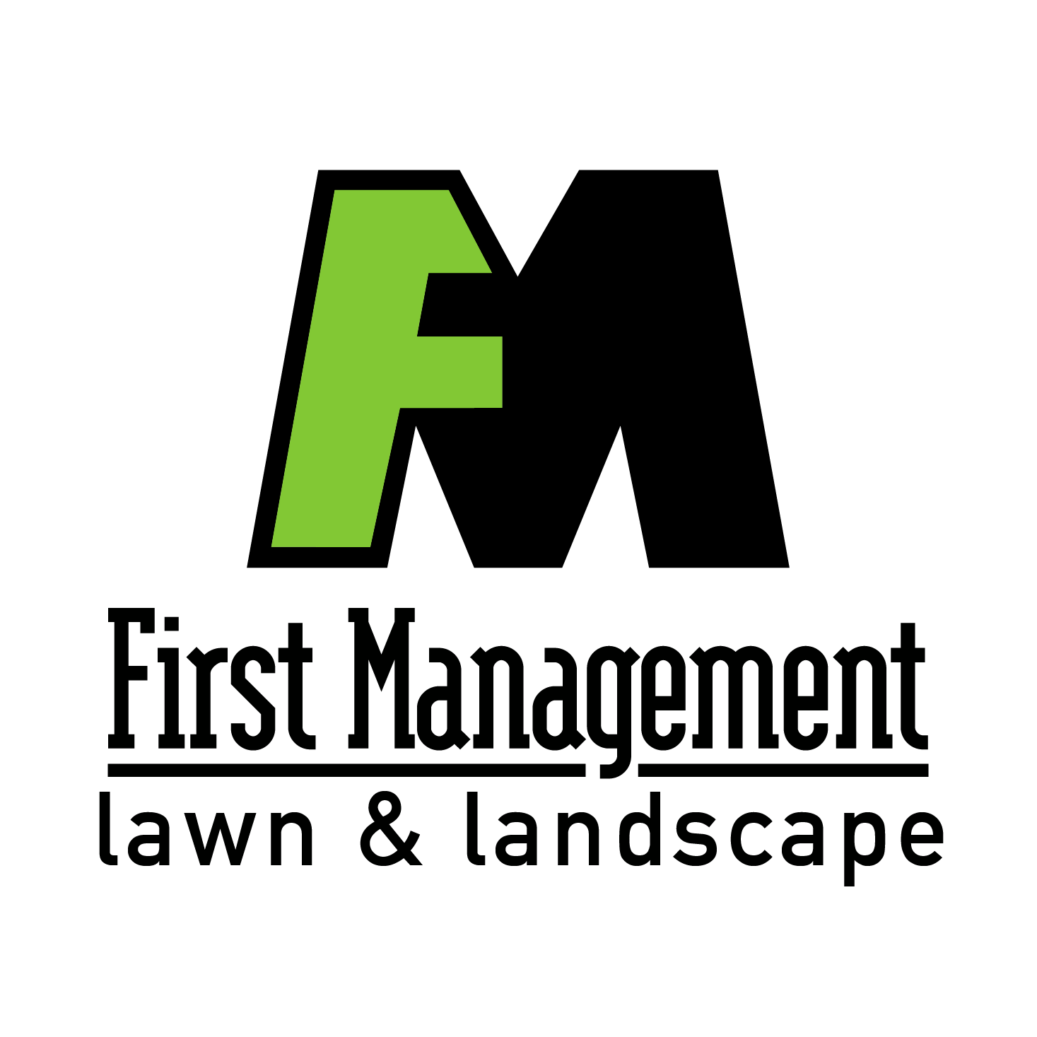 First Management Lawn & Landscape logo, black and green letter 