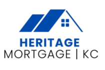 The logo for heritage mortgage i kc shows a house with a blue roof