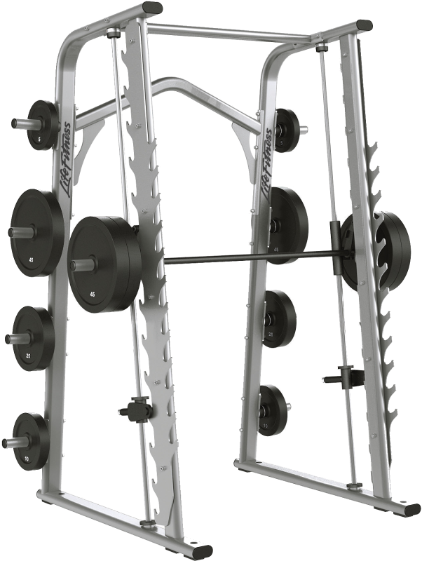 A smith machine with a barbell attached to it on a white background.