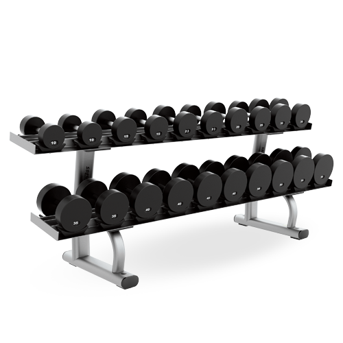 A row of black dumbbells on a rack on a white background.