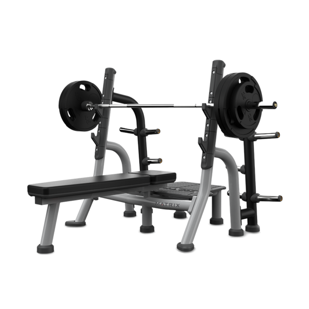 A bench with a barbell attached to it on a white background.